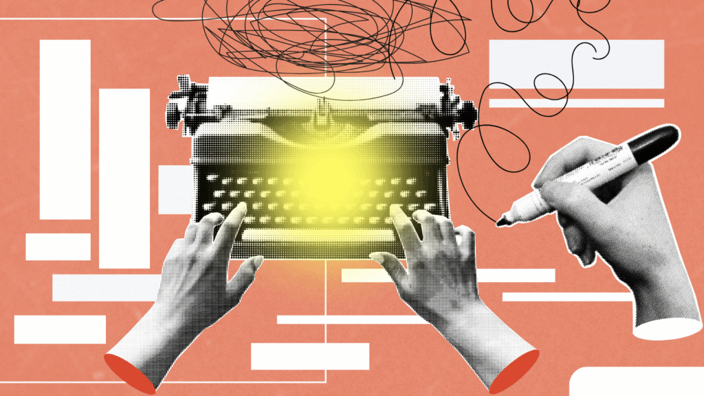 Illustration of hands typing on a glowing typewriter surrounded by abstract design elements, representing AI-powered slogan creation in 2025