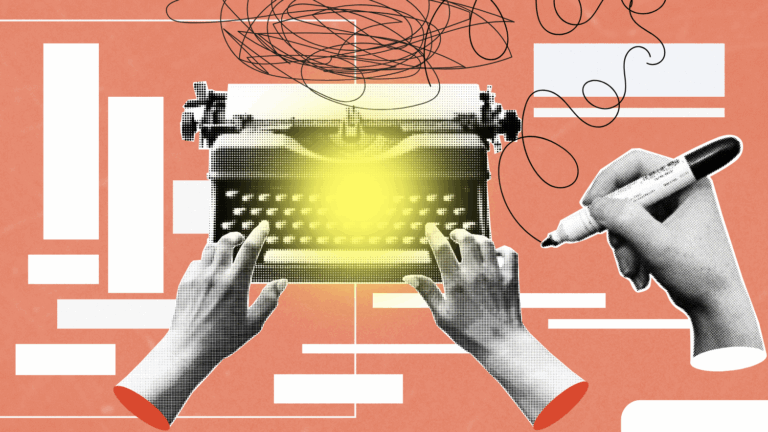 Illustration of hands typing on a glowing typewriter surrounded by abstract design elements, representing AI-powered slogan creation in 2025