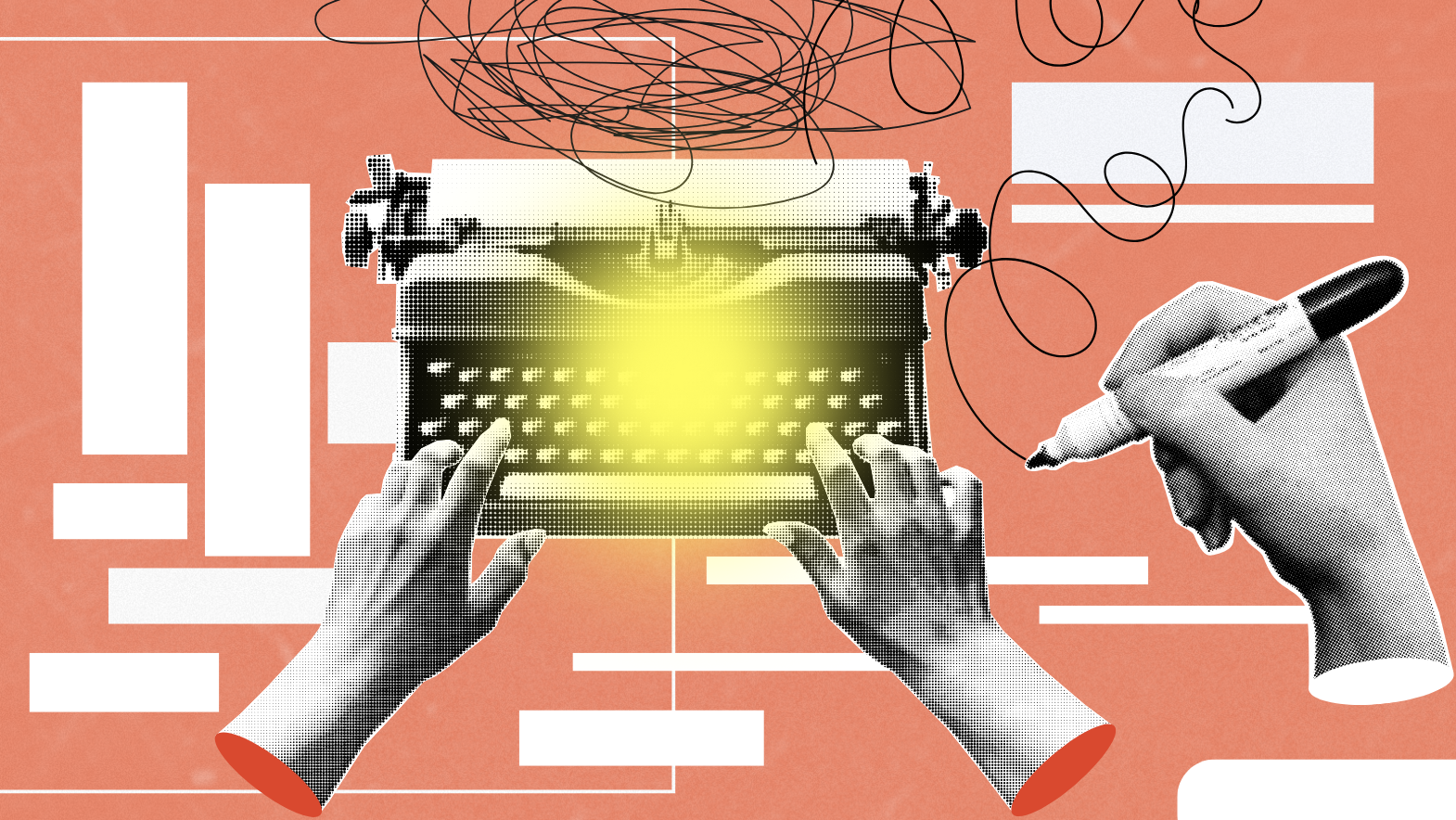 Illustration of hands typing on a glowing typewriter surrounded by abstract design elements, representing AI-powered slogan creation in 2025