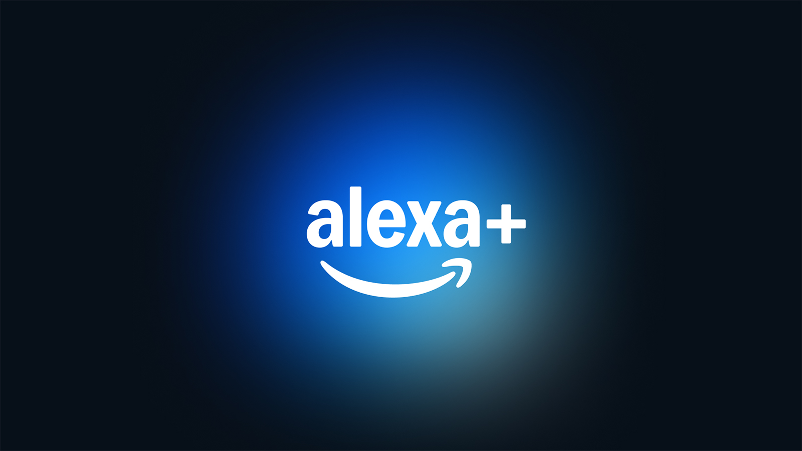 Bright Alexa+ logo featuring Amazon’s signature smile arrow on a glowing blue gradient background, representing Amazon’s enhanced voice assistant service.