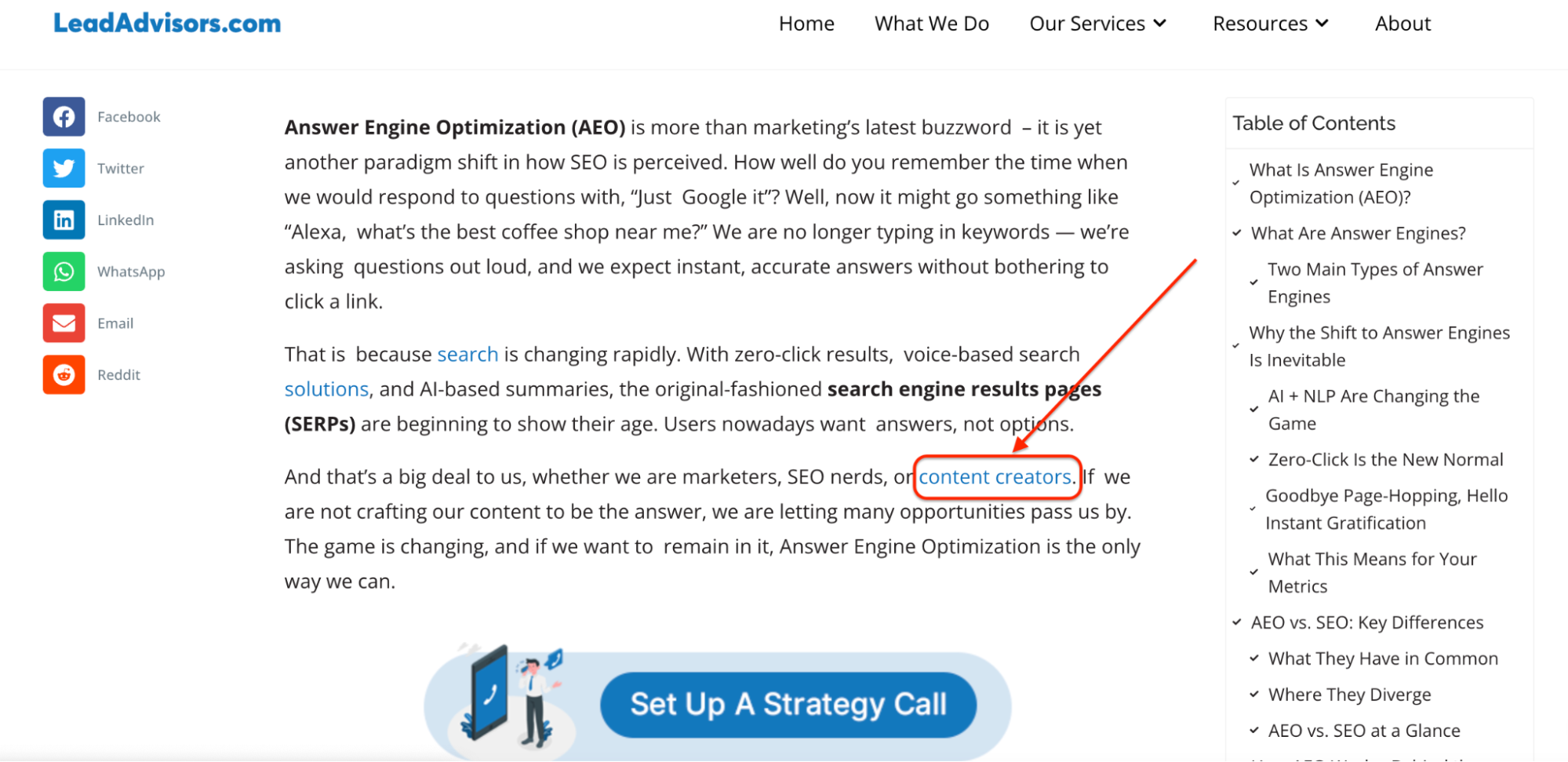 LeadAdvisors blog section on Answer Engine Optimization (AEO), highlighting the role of content creators in evolving SEO.
