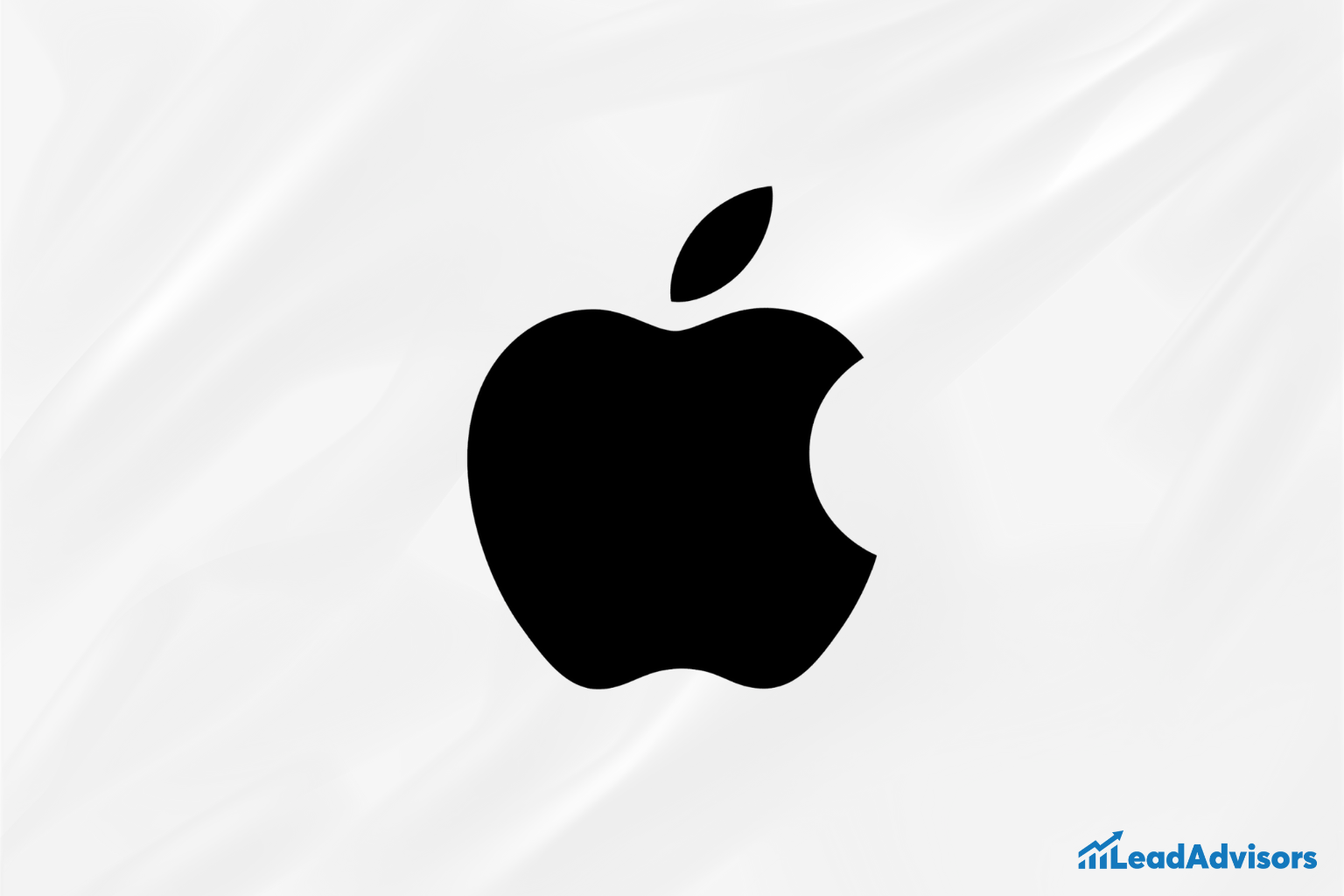 The minimalist black Apple logo with a bite taken out of the right side, set against a white background, symbolizing innovation, simplicity, and premium technology. The LeadAdvisors logo in the corner suggests branding or design analysis.
