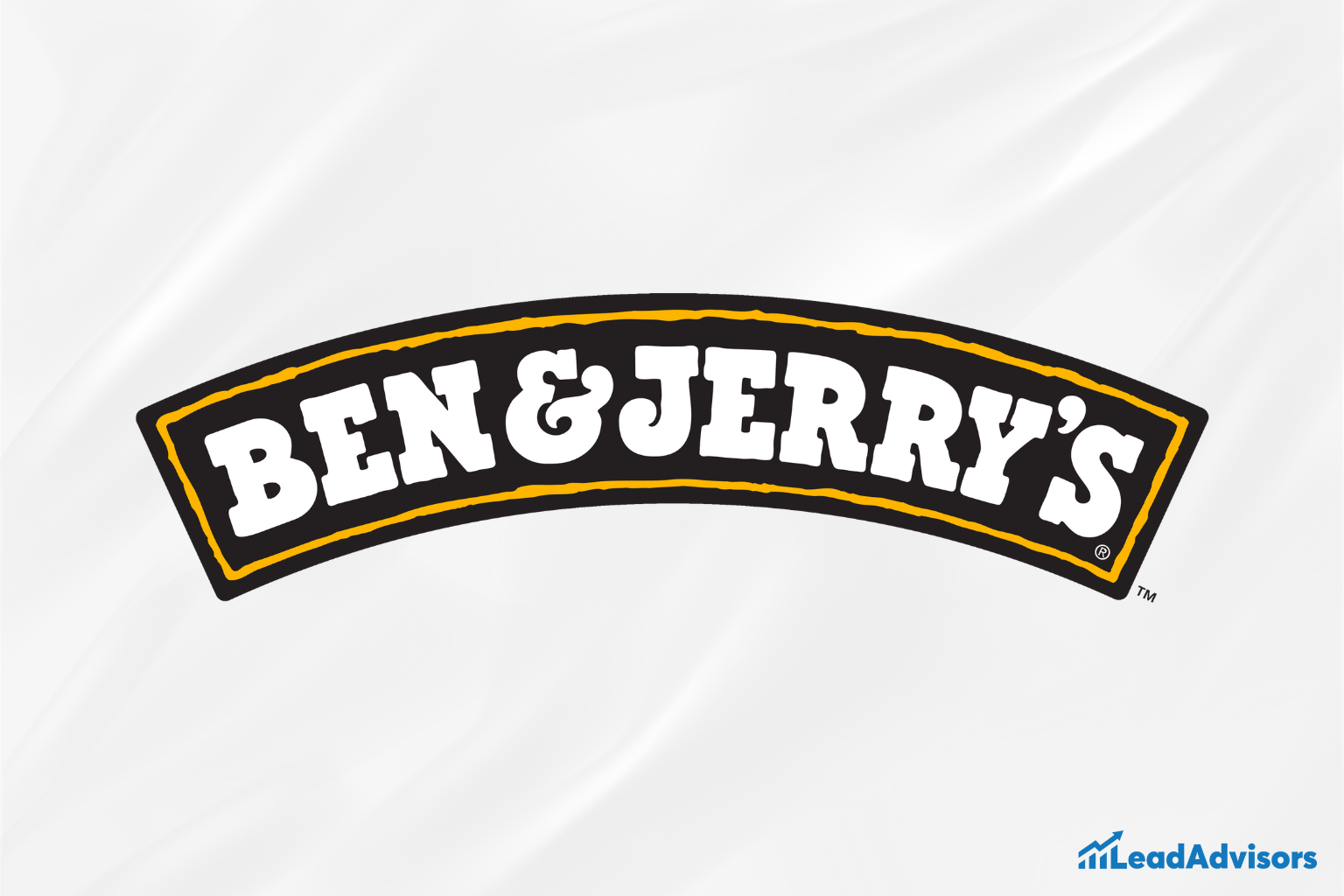 Ben & Jerry’s bold, playful logo in a curved black banner with white uppercase letters outlined in yellow, representing the brand’s fun and quirky identity. The image includes a LeadAdvisors logo in the corner, possibly indicating brand analysis or content context.