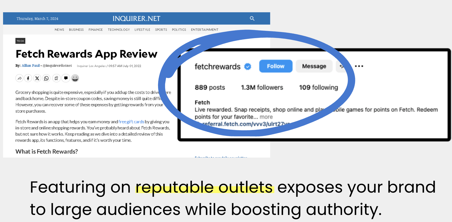 A snapshot of a Fetch Rewards app review on Inquirer.net paired with the brand’s Instagram profile, emphasizing the impact of being featured on reputable outlets to increase brand visibility and credibility.