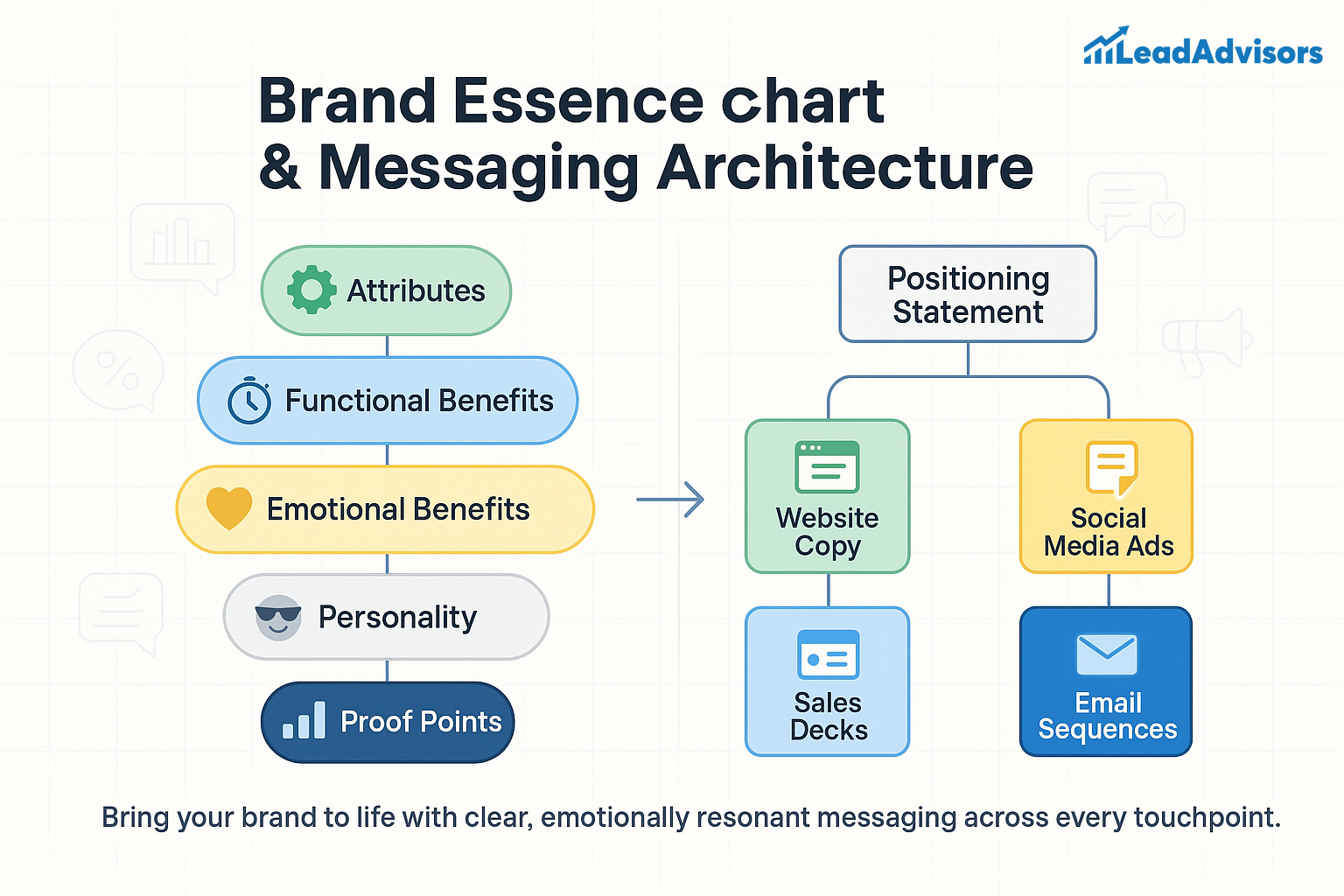 Infographic showing the brand essence and messaging architecture, beginning with attributes, benefits, and proof points that flow into a positioning statement and downstream content like website copy, social media ads, sales decks, and email sequences. The design emphasizes the importance of emotionally resonant, consistent brand messaging across all touchpoints.