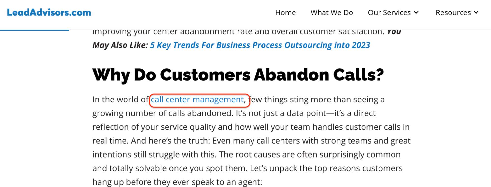 Blog excerpt from LeadAdvisors discussing why customers abandon calls, with “call center management” hyperlinked.