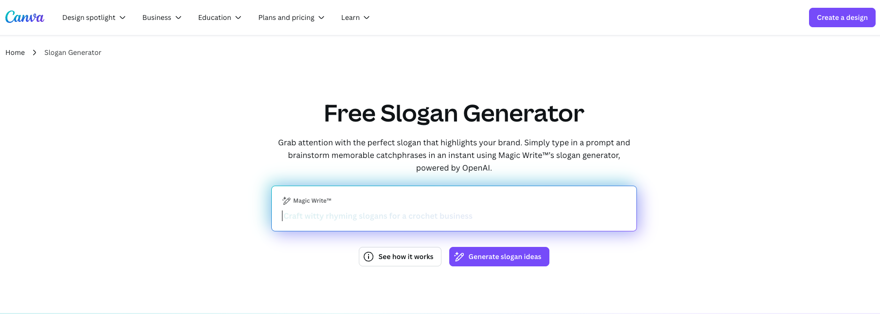 Canva’s slogan generator interface in Magic Write with prompt box for generating branded slogans