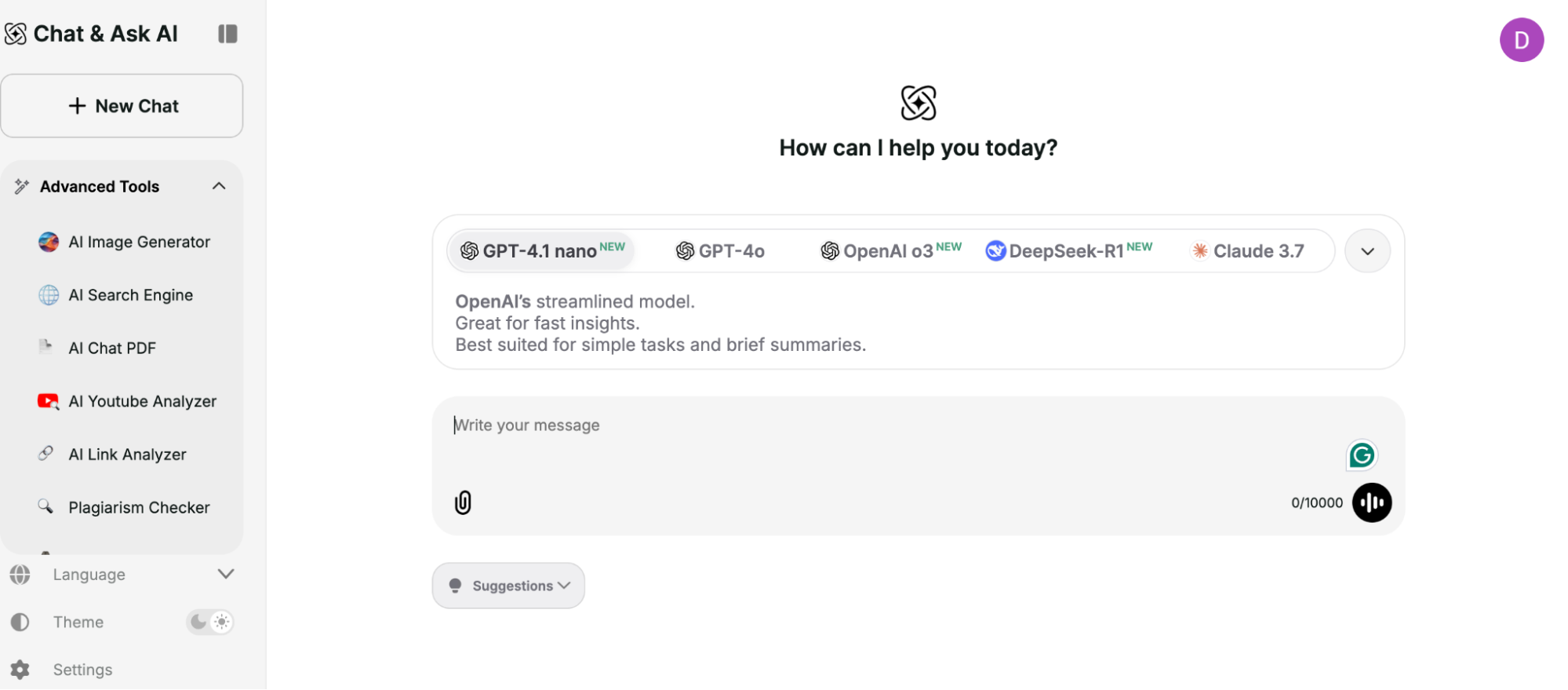 Interface of "Chat & Ask AI" platform showcasing a multi-model selection bar with options like GPT-4.1 nano, GPT-4o, OpenAI o3, DeepSeek-R1, and Claude 3.7, along with advanced tools in the sidebar such as AI Image Generator, AI Chat PDF, and AI YouTube Analyzer.