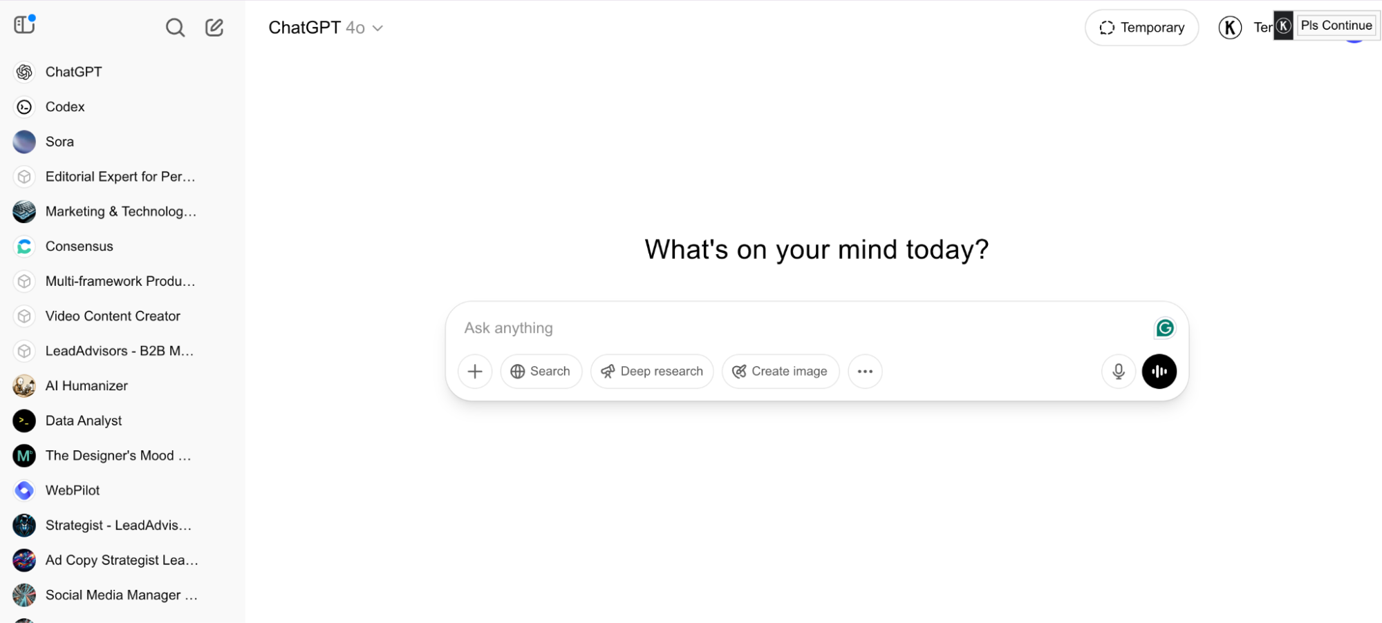 Screenshot of the ChatGPT 4o interface with a prompt input area reading “What’s on your mind today?” and a left sidebar displaying multiple custom GPTs like "LeadAdvisors – B2B M...", "AI Humanizer," and "WebPilot.