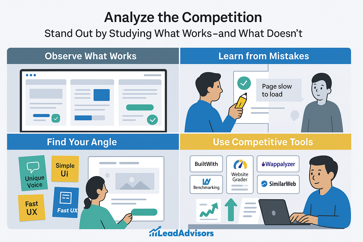 An infographic by LeadAdvisors titled “Analyze the Competition,” illustrating four key strategies for competitive research: observing successful websites, learning from design flaws, identifying a unique brand angle, and using tools like BuiltWith, Website Grader, Wappalyzer, and SimilarWeb.
