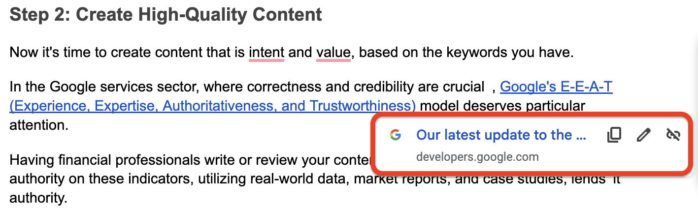 Highlighted section from a guide emphasizing content intent and value, with a Google E-E-A-T link and preview to a developers.google.com update.