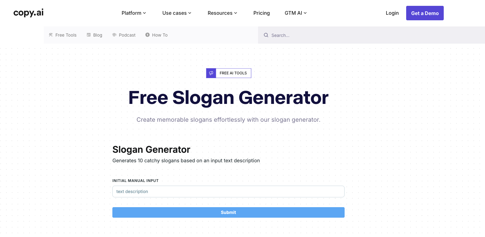 Screenshot of Copy.ai’s slogan generator with input box for text description and call-to-action to submit for results