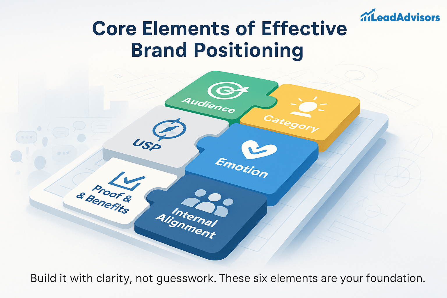 Visual puzzle infographic illustrating six core elements of effective brand positioning: Audience, Category, USP, Emotion, Proof & Benefits, and Internal Alignment. The message emphasizes building strategy with clarity, not guesswork.