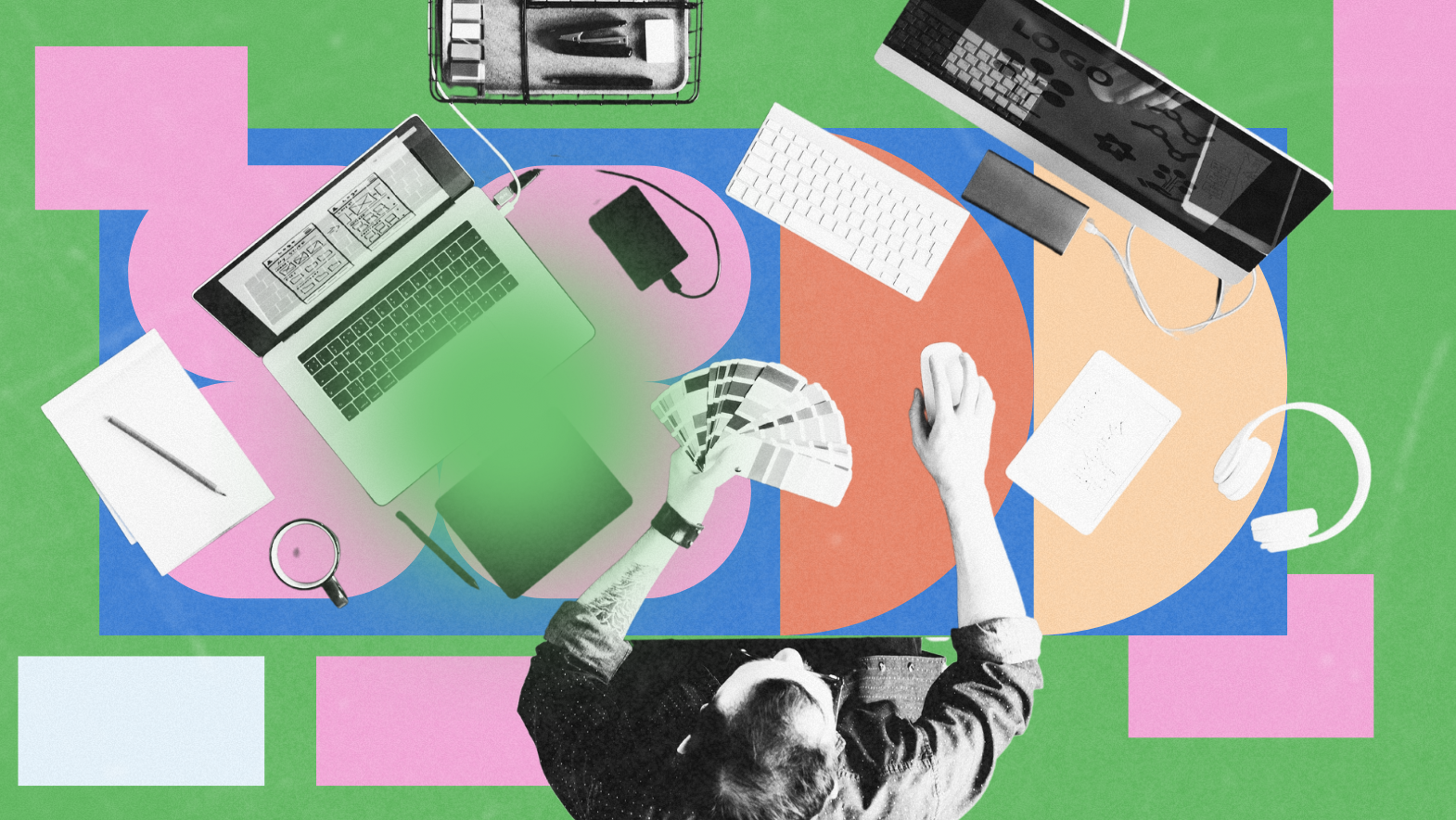 Top-down view of a designer’s colorful workspace featuring a laptop, color swatches, digital tools, and desk accessories, symbolizing creative process and brand development.
