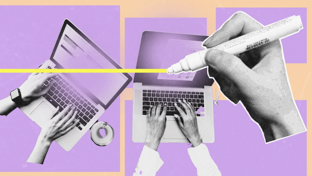 Hands typing on laptops with a giant marker hand above, on a colorful collage background.