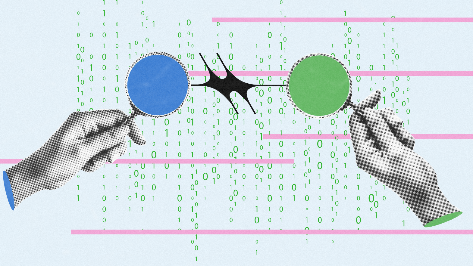 Abstract digital illustration of two hands holding magnifying glasses, one blue and one green, over binary code, symbolizing data analysis, comparison, or digital investigation.
