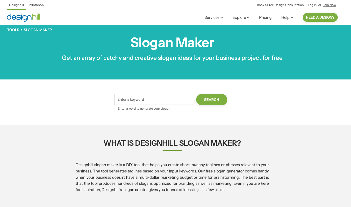Designhill slogan generator dashboard showing input field for keyword and examples of bulk slogan results