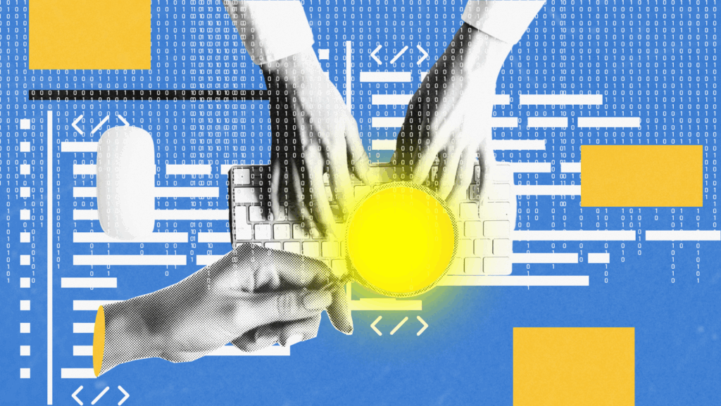 Stylized digital collage showing hands typing on a keyboard with binary code overlay, a magnifying glass highlighting a bright yellow circle, and design elements like a computer mouse and abstract rectangles, representing coding, search, and data analysis.