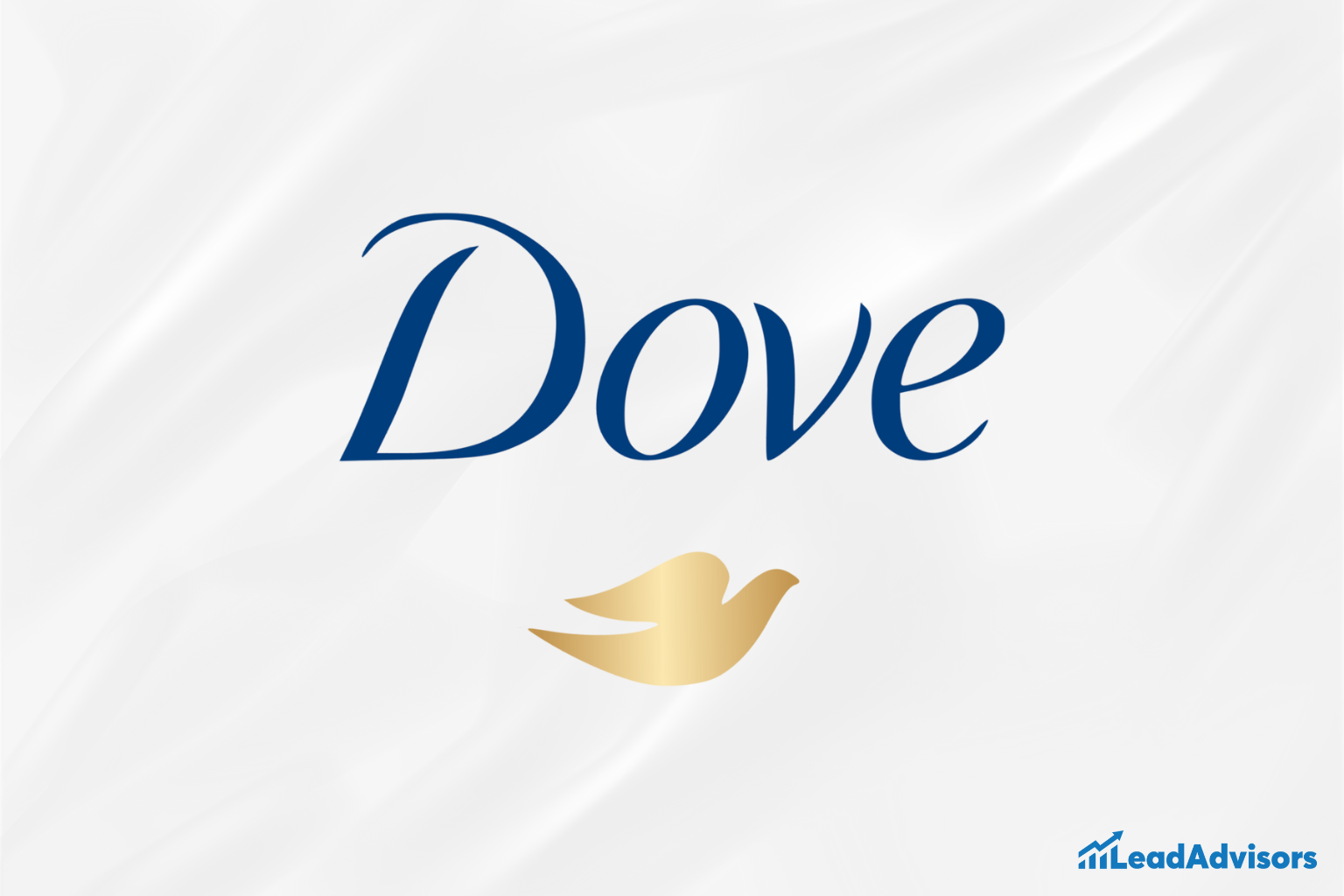 Minimalist Dove logo featuring elegant blue typography and a golden dove icon on a white background, symbolizing purity and care. The LeadAdvisors logo appears in the corner, suggesting brand analysis or reference.
