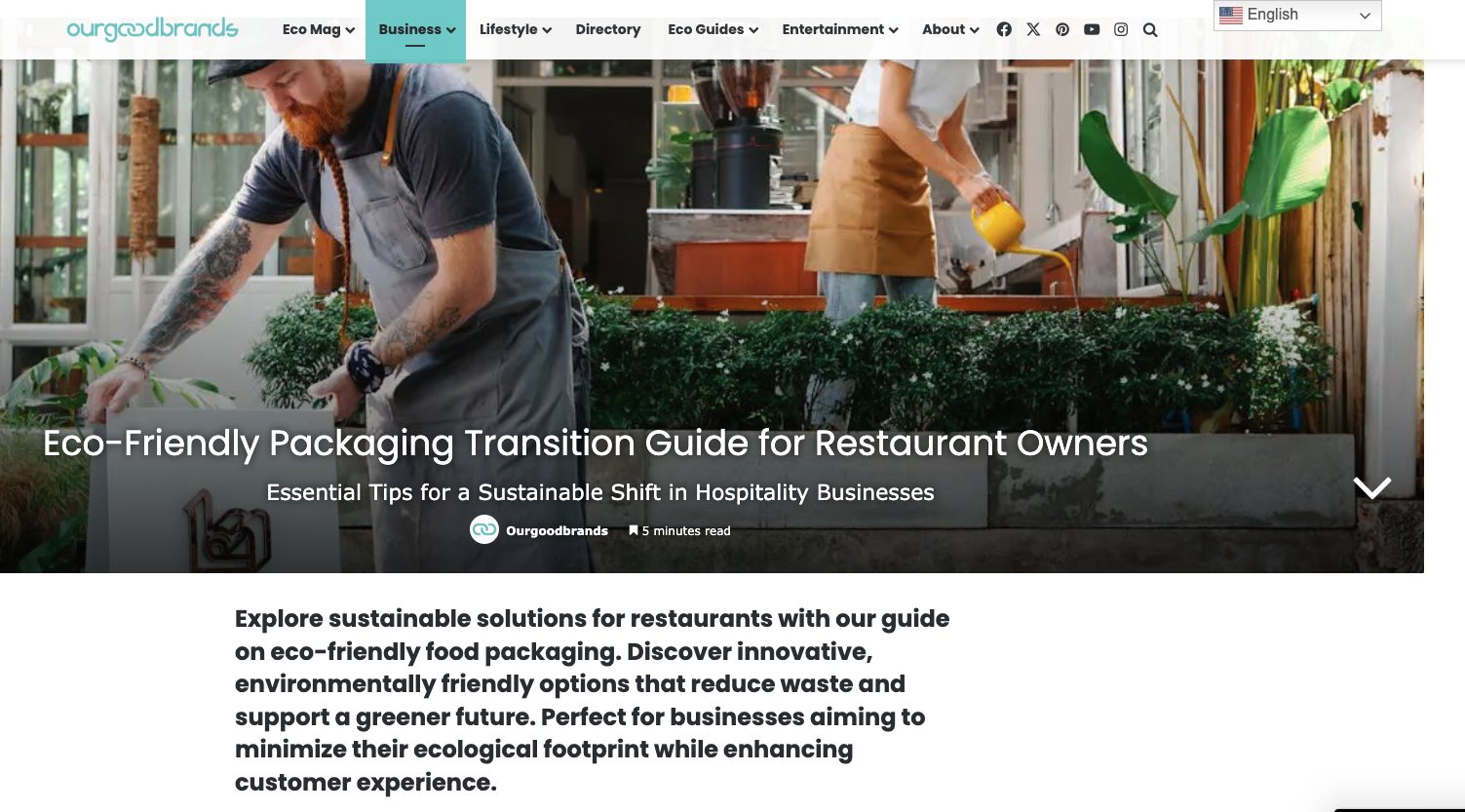 Eco-friendly packaging guide for restaurant owners published on OurGoodBrands, highlighting sustainable practices in the hospitality industry."