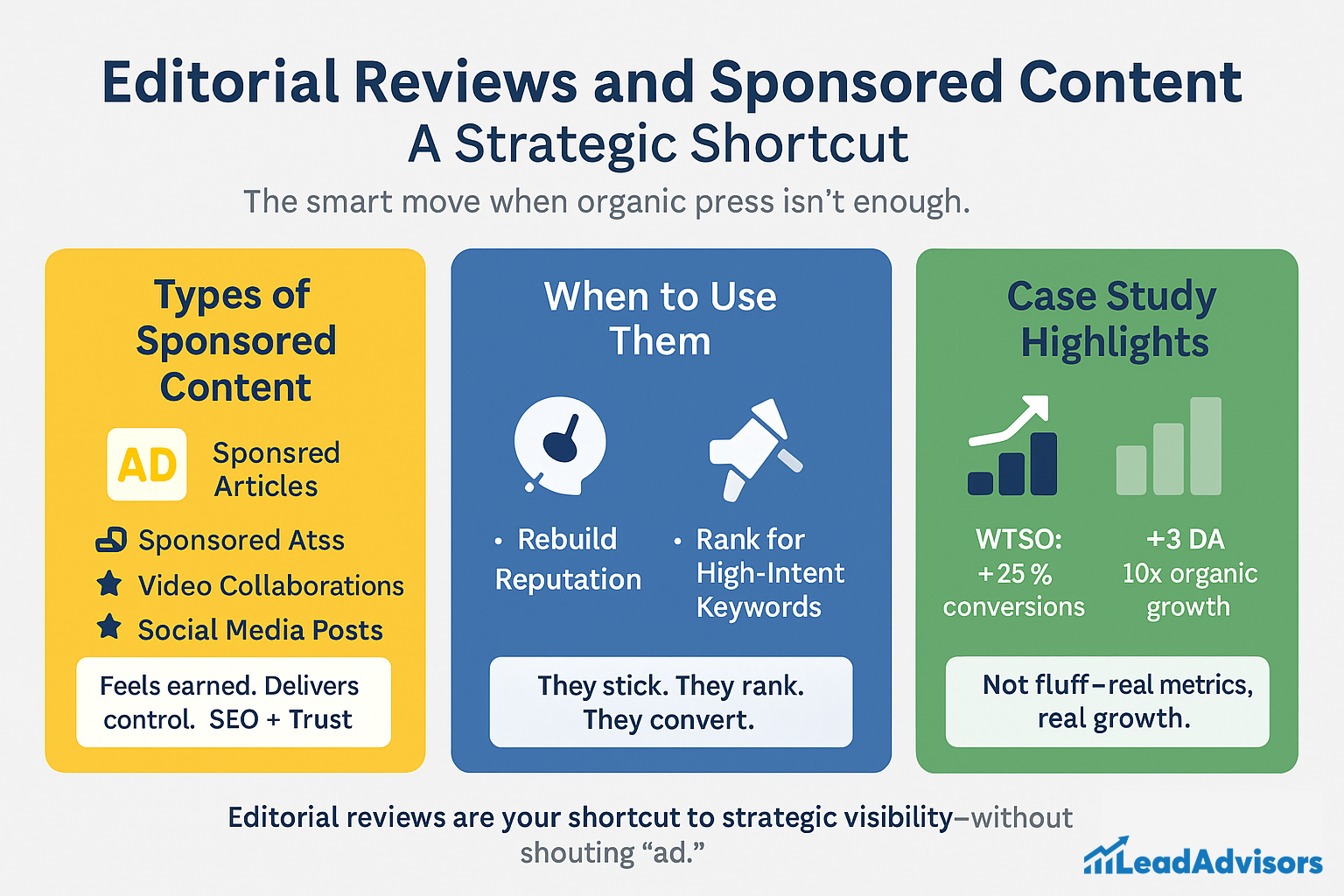 LeadAdvisors infographic explaining the value of editorial reviews and sponsored content as a strategic shortcut for visibility, including content types, use cases like reputation recovery and SEO, and case study metrics.