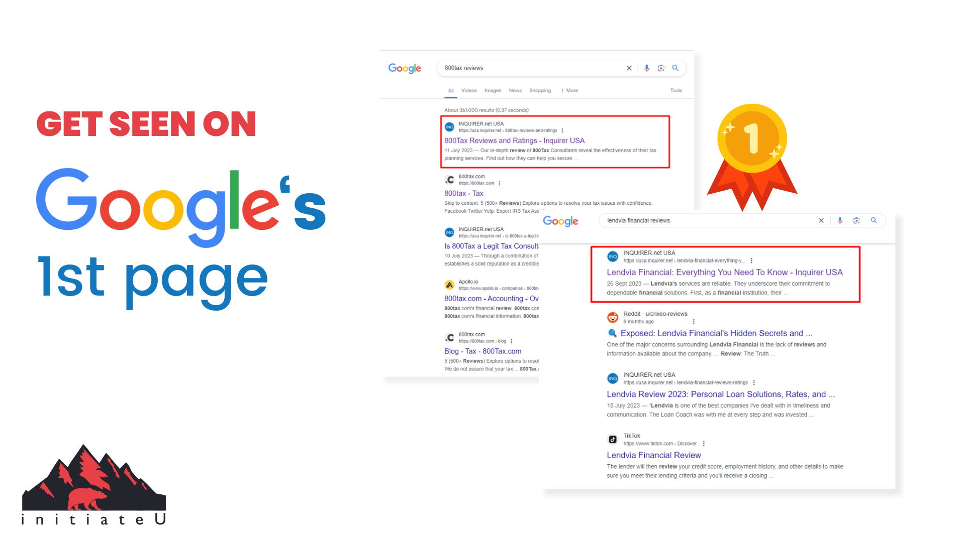 Promotional graphic showing search engine results for 800Tax and Lendvia Financial reviews ranked on Google’s first page, emphasizing the SEO impact of Inquirer USA editorial coverage.