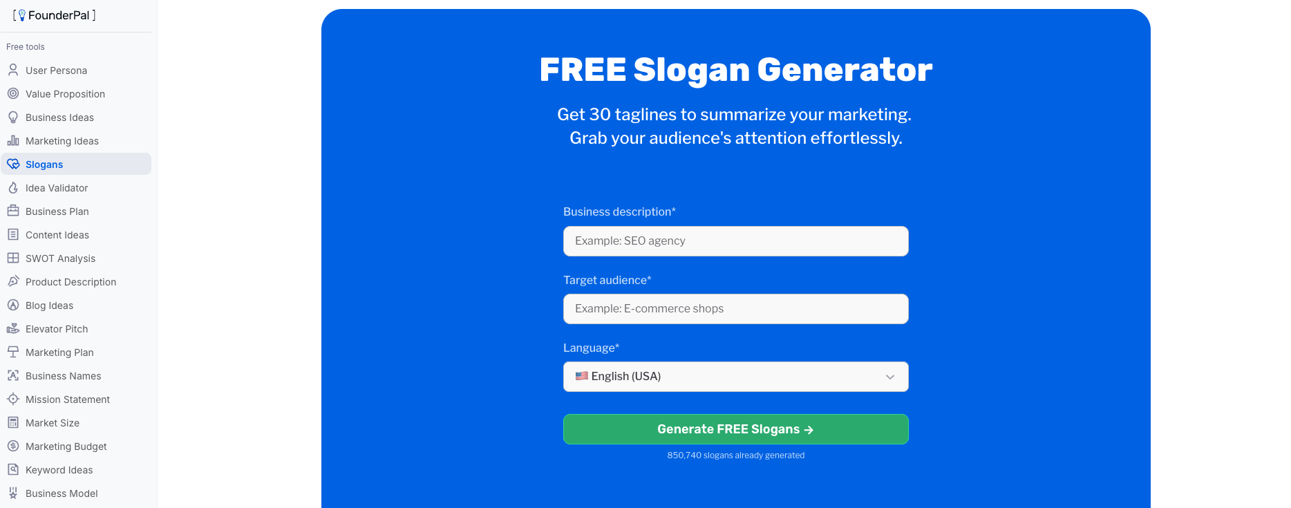 Screenshot of FounderPal’s free AI slogan generator tool showing input fields for business description, target audience, and tone selection.