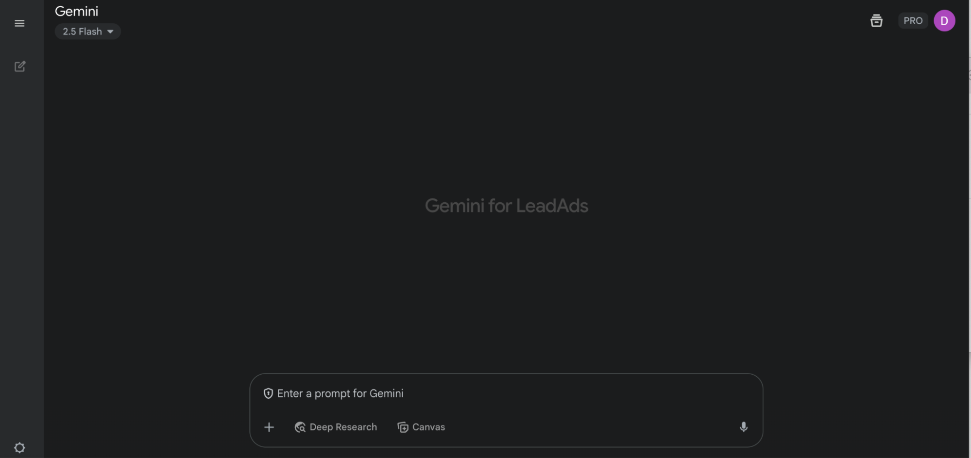 Dark-themed Gemini AI interface showing a custom model titled “Gemini for LeadAds” with a prompt input bar labeled “Enter a prompt for Gemini” and options for Deep Research and Canvas.