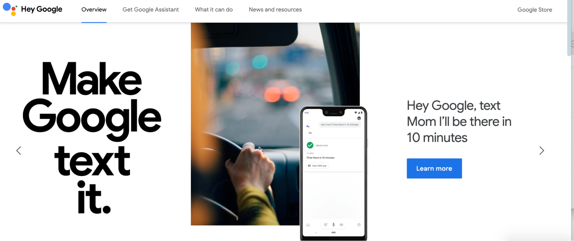 Google Assistant promotional banner showing the message “Make Google text it” alongside a phone interface demonstrating voice command texting while driving, with the phrase “Hey Google, text Mom I’ll be there in 10 minutes.