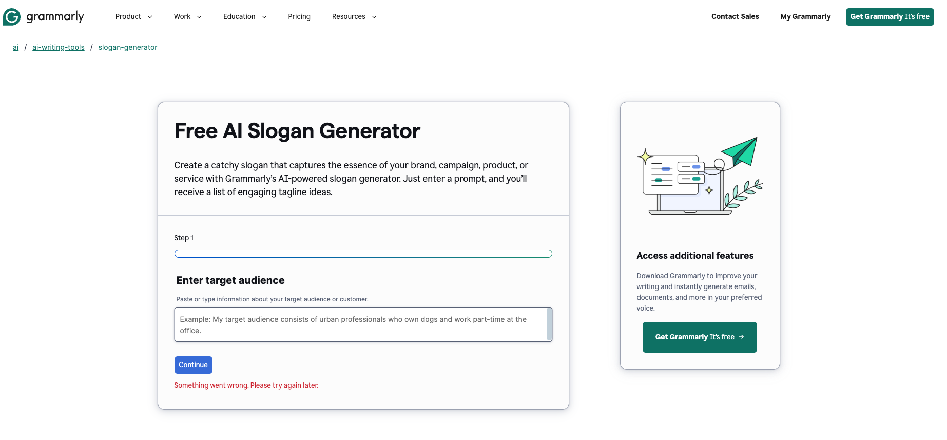 Grammarly slogan generator screen showing form to enter target audience and receive AI-generated taglines