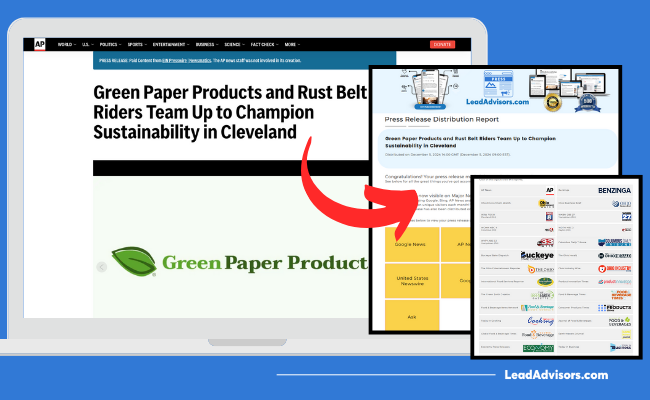 Press release distribution for Green Paper Products and Rust Belt Riders partnership featured on AP News and major outlets via LeadAdvisors