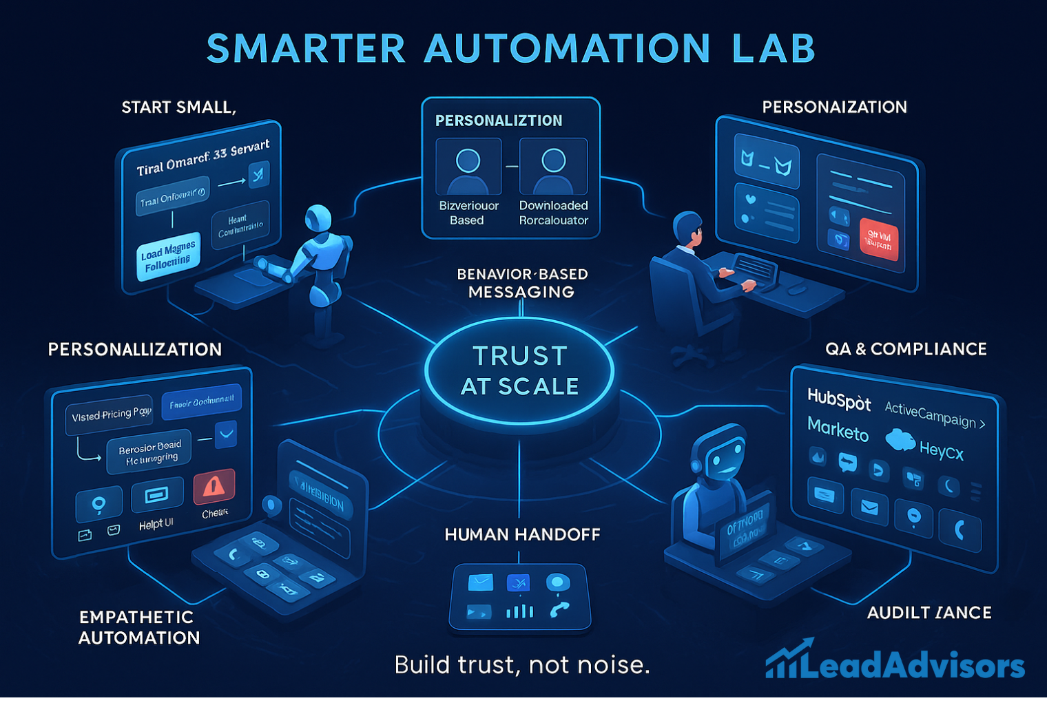 A futuristic infographic titled “Smarter Automation Lab” by LeadAdvisors shows a central theme of “Trust at Scale” supported by personalized messaging, human handoff, empathetic automation, and QA compliance tools.