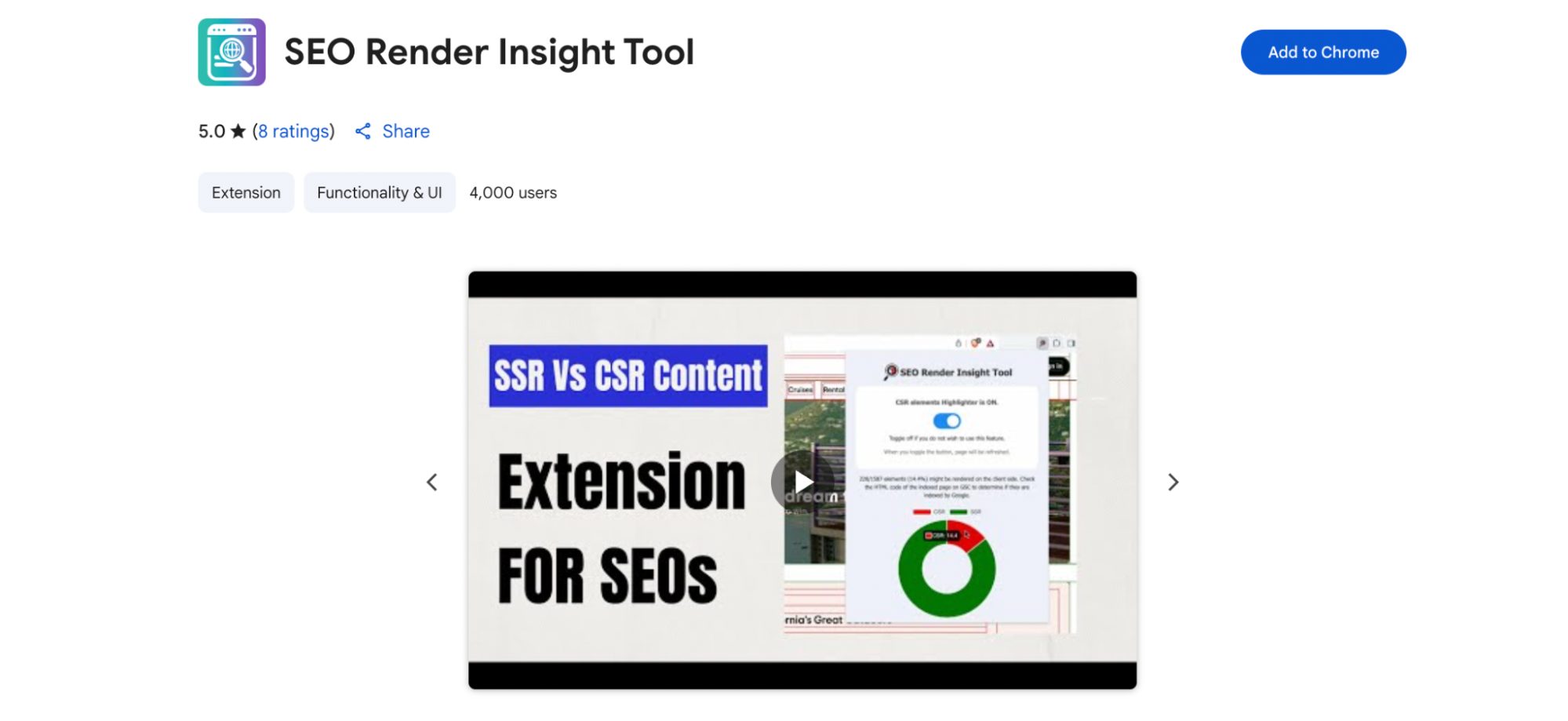 A browser preview for the SEO Render Insight Tool highlights its core function: comparing SSR (Server-Side Rendering) and CSR (Client-Side Rendering) content. The tool displays a toggle switch for highlighting CSR elements and a circular graph showing the proportion of rendered versus unrendered elements. Large bold text in the video thumbnail reads “Extension FOR SEOs.”