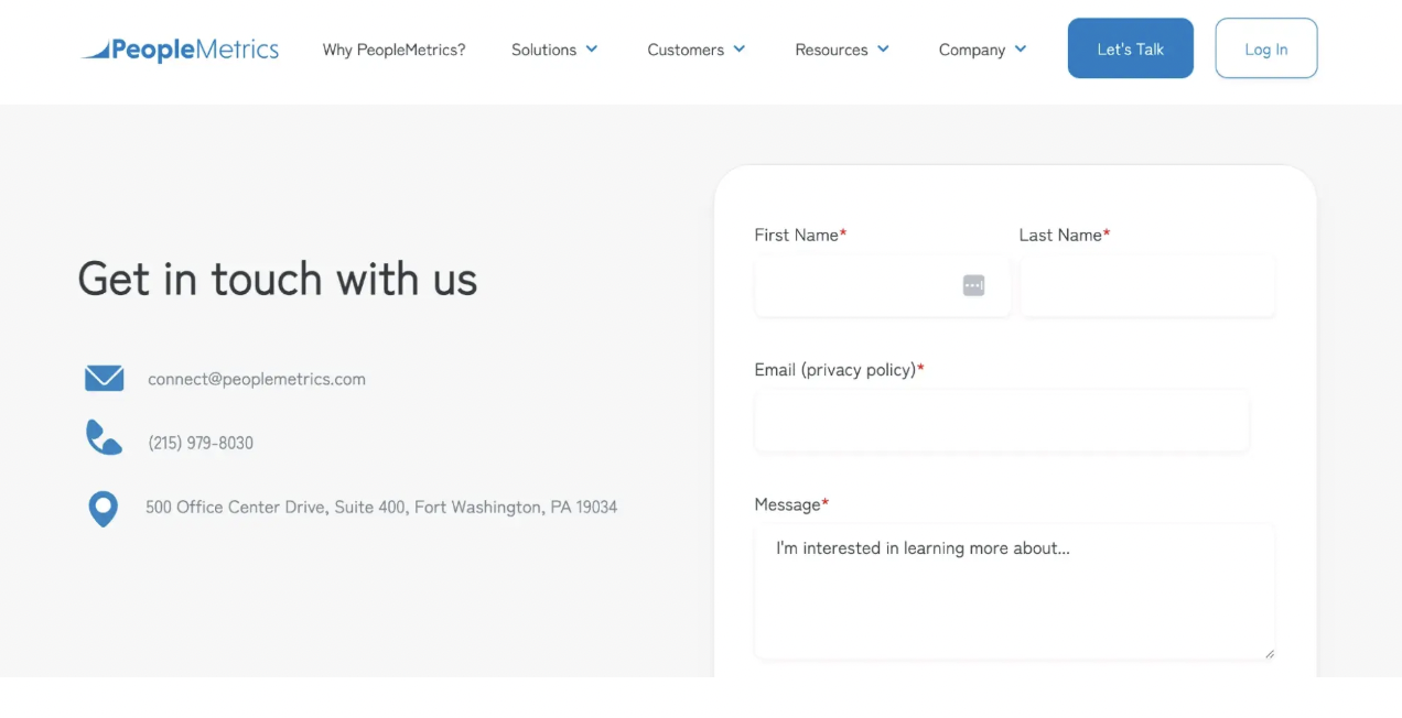 The PeopleMetrics contact page features a clean layout with company contact details on the left and a user inquiry form on the right. Contact information includes an email address, phone number, and physical office location in Fort Washington, PA. The form asks for first and last name, email, and a message about the user’s interest.