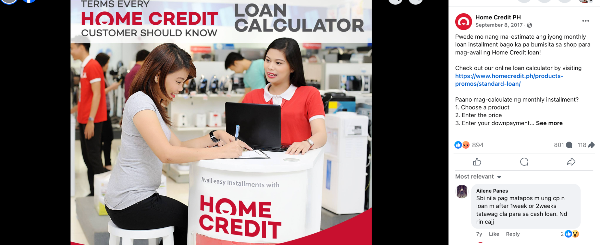A Facebook ad from Home Credit PH promotes its loan calculator, helping customers estimate monthly payments before visiting a store. The image shows a customer signing paperwork at a kiosk with a Home Credit representative in a red uniform, set inside an electronics retail store. The caption, written in Filipino, guides users on how to use the calculator online.