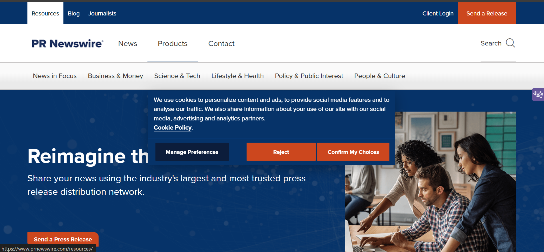 Screenshot of the PR Newswire website homepage showing a cookie consent banner and navigation menu with sections like News, Products, and Contact. A highlighted button prompts users to “Send a Press Release,” reinforcing the platform’s focus on news distribution. The image also shows users collaborating at a table, representing team-based press release planning.