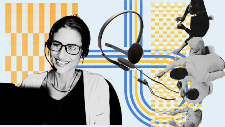 A smiling woman in a headset appears on the left side of the image, representing customer service or tech support. To the right, a disconnected headset and a group of professionals in discussion are overlaid with bold orange and blue grid patterns, symbolizing connection, communication, and collaboration. The contrasting black-and-white photography against colorful graphic lines suggests the intersection of human support and digital systems.