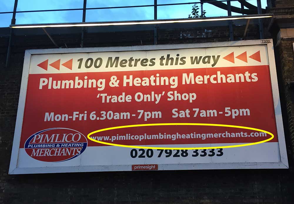 This is a large outdoor billboard for Pimlico Plumbing & Heating Merchants, directing viewers to a trade-only shop located 100 meters away. The sign includes business hours, a contact number, and a prominently displayed long URL: www.pimlicoplumbingheatingmerchants.com, highlighted in yellow. The billboard aims to attract professional plumbers and tradespeople with early weekday and weekend opening hours.
