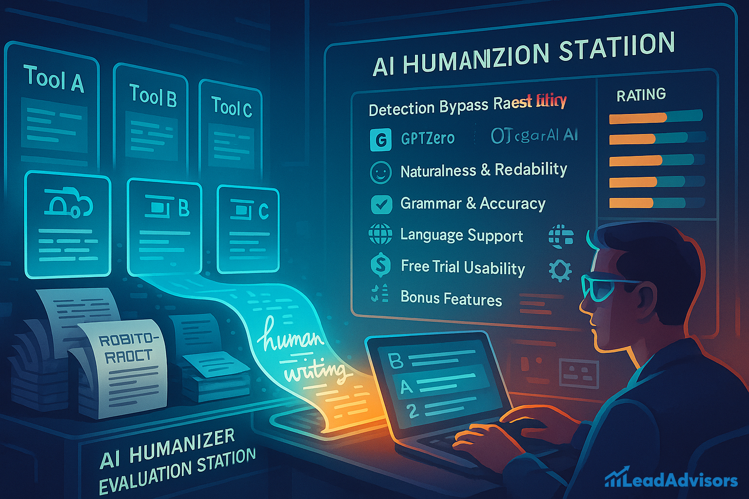 An infographic titled "AI Humanizer Hub" displays various features like contextual awareness, tone and style flexibility, multilingual capabilities, and SEO-savviness. A user interacts with modules highlighting custom modes and personalization for tone, style, and content. The layout combines icons of AI tools such as GPTZero and Winston AI, alongside graphs, sliders, and global language symbols.