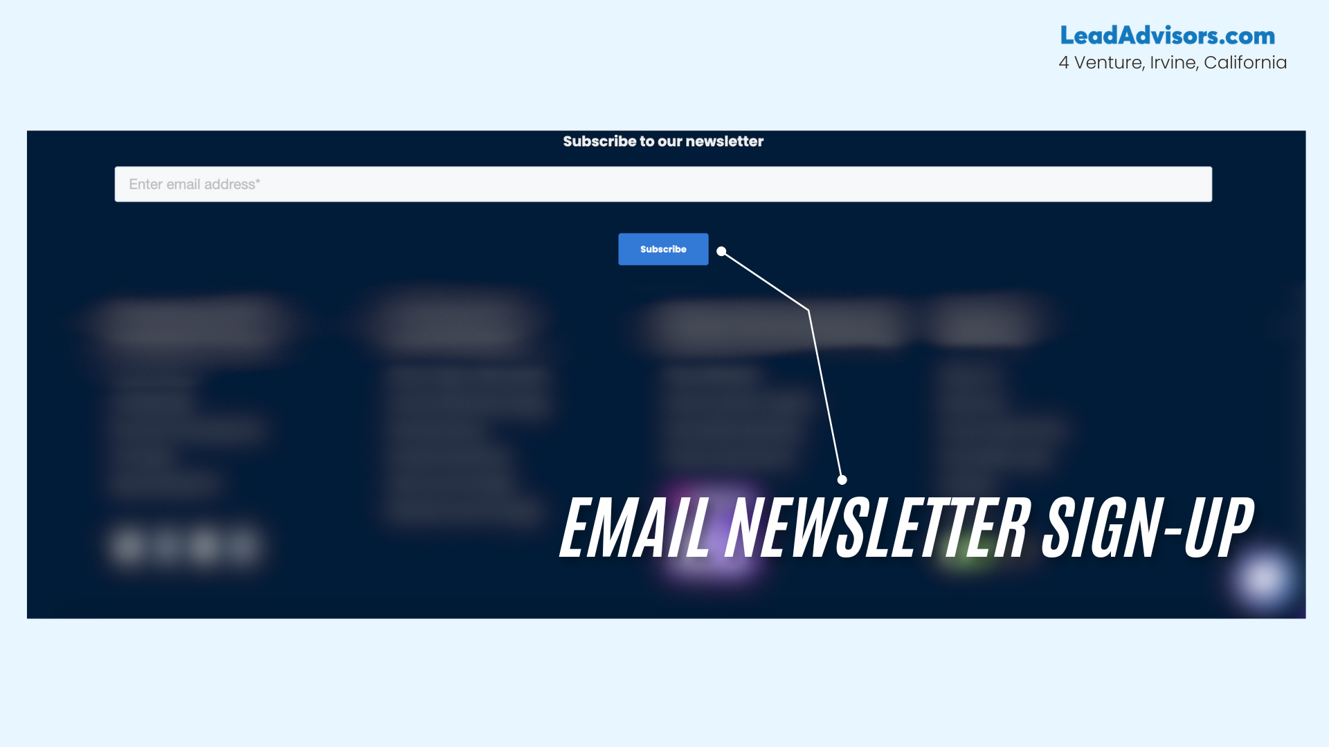 This image highlights the email newsletter sign-up section in the LeadAdvisors website footer. A white email input field is prominently placed at the top, labeled “Subscribe to our newsletter,” with a blue “Subscribe” button directly below it. The background is darkened and blurred to emphasize the sign-up callout.