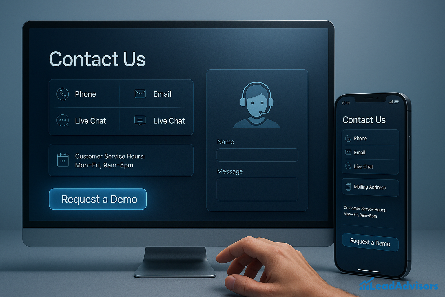 A computer screen and smartphone display a modern "Contact Us" interface featuring communication options such as phone, email, and live chat. The screen also shows customer service hours and a glowing "Request a Demo" button. A hand is poised to interact with the interface, suggesting user engagement.