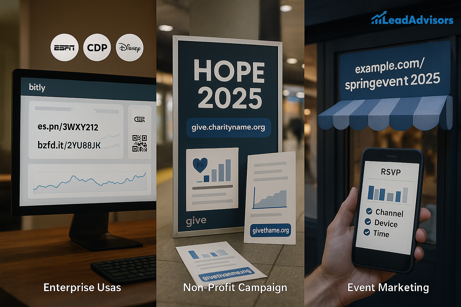 This image showcases three scenarios for using vanity URLs: enterprise usage, nonprofit campaigns, and event marketing. On the left, a desktop displays Bitly links and analytics used by companies like ESPN and Disney. The center features nonprofit promotional materials for "HOPE 2025" with a custom URL, and the right shows an event RSVP link with tracking for channel, device, and time, highlighted on a storefront and mobile phone.
