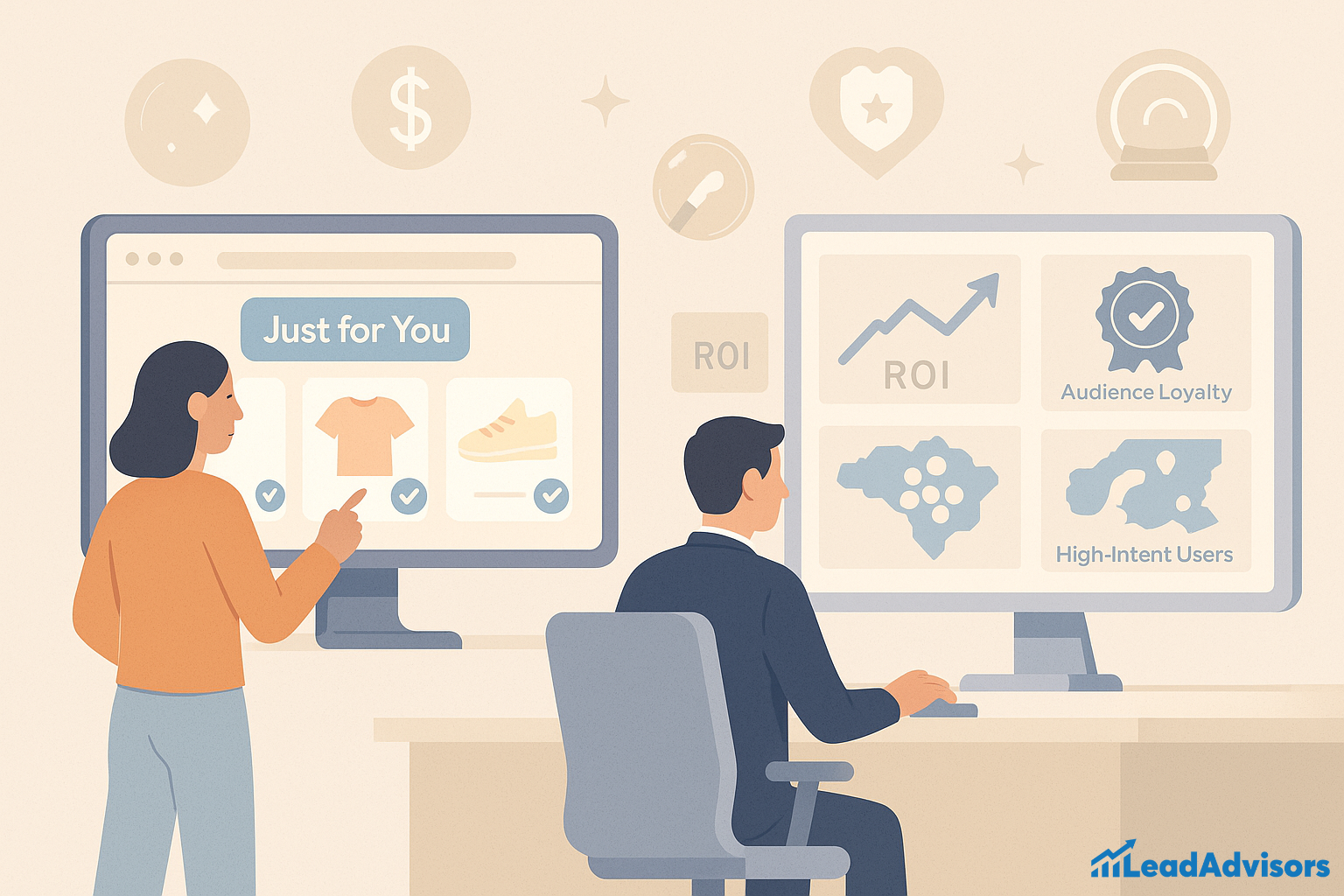 A woman interacts with a personalized online shopping interface displaying a shirt and shoes under the label “Just for You.” Next to her, a man analyzes marketing performance data on a separate screen showing metrics like ROI, audience loyalty, and high-intent users. The scene highlights how consumer insights and targeted recommendations drive better engagement and conversion.