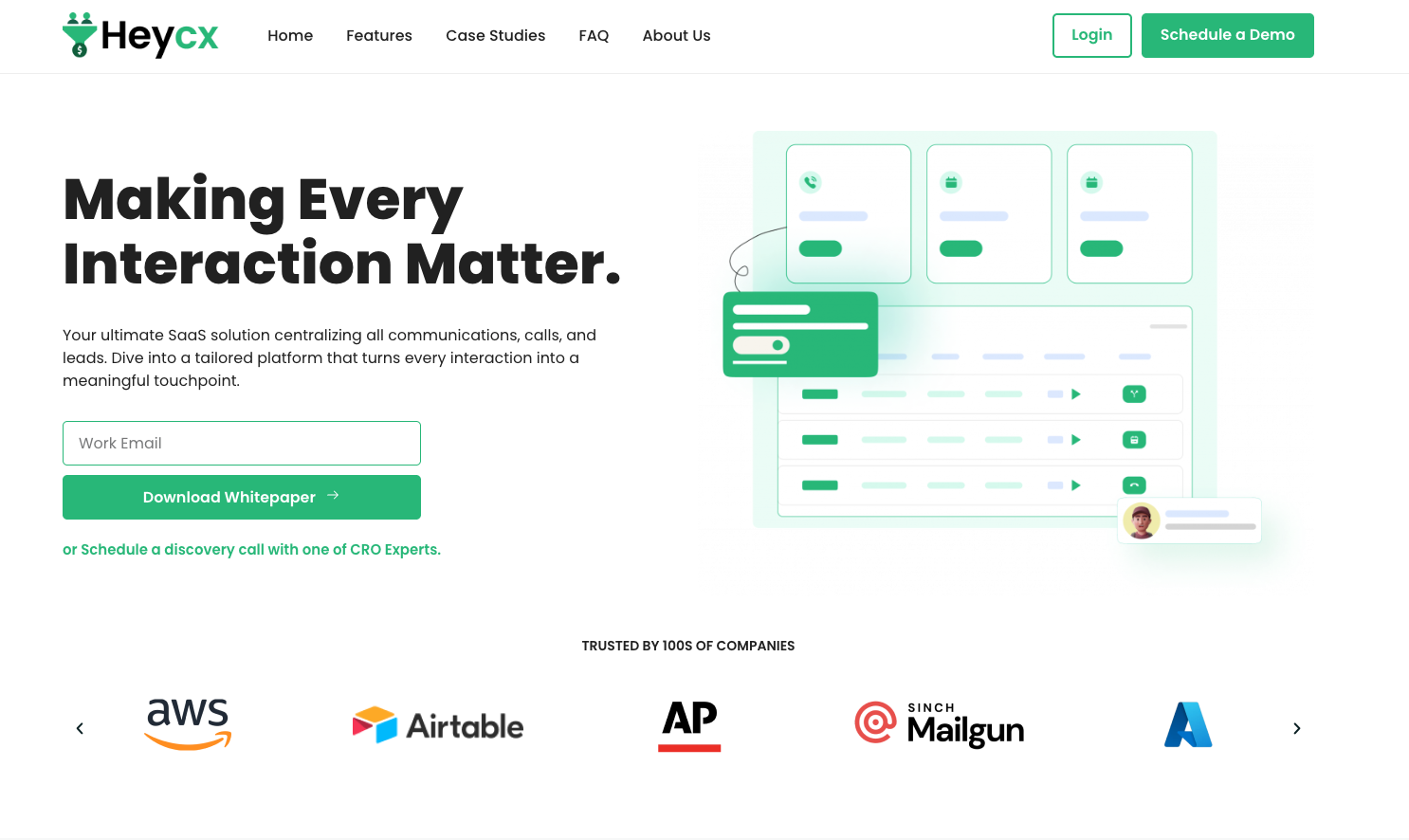 A SaaS landing page for HeyCX highlights the platform’s core message, “Making Every Interaction Matter.” The design features a left-aligned call to action for downloading a whitepaper or scheduling a discovery call, alongside UI illustrations representing communication tools. Trusted brand logos including AWS, Airtable, AP, Mailgun, and Azure appear at the bottom.
