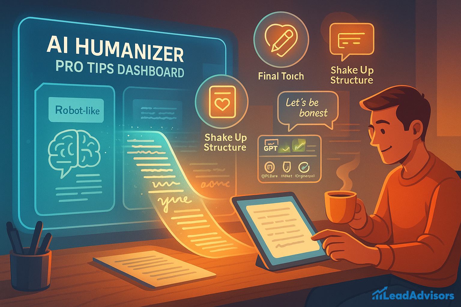 An illustrated digital workspace titled "AI Humanizer Pro Tips Dashboard" features a man holding a coffee mug while editing content on a tablet. Visual elements show AI-generated content transforming from robotic text to more human-like writing with tips such as “Shake Up Structure,” “Final Touch,” and “Let’s be honest.” Icons for detection tools like GPTZero and Originality.ai indicate successful bypass after humanizing.