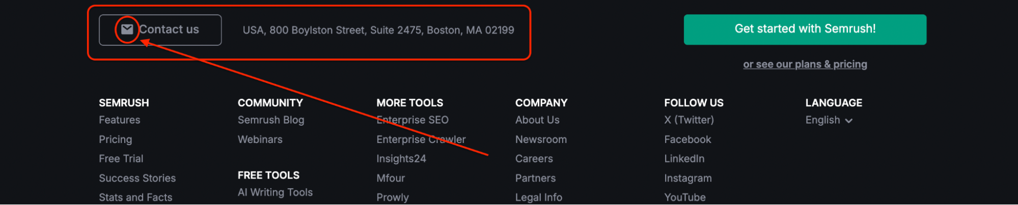 The footer section of Semrush’s website highlights a “Contact Us” button with an envelope icon next to the company's physical address in Boston, MA. The surrounding footer content includes navigation links to Semrush’s features, tools, company information, and social media channels. A green button on the right invites users to get started with Semrush.