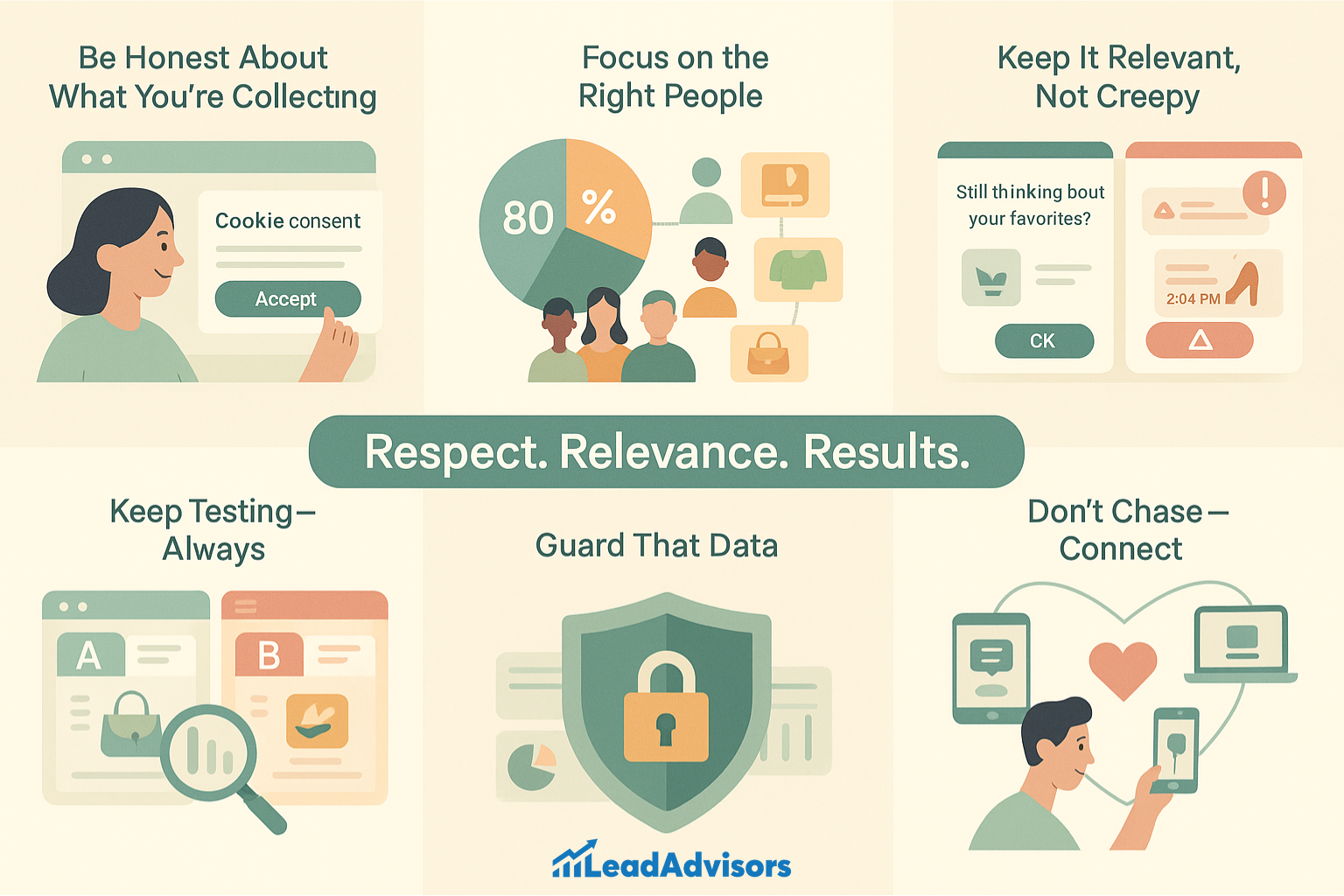 An infographic illustrates best practices in ethical digital marketing, emphasizing transparency, relevance, and data protection. Key tips include being honest about data collection, targeting the right audience, avoiding creepy tactics, continuous A/B testing, and securing user information. The central message, “Respect. Relevance. Results.”, highlights the importance of building trust through meaningful connections.