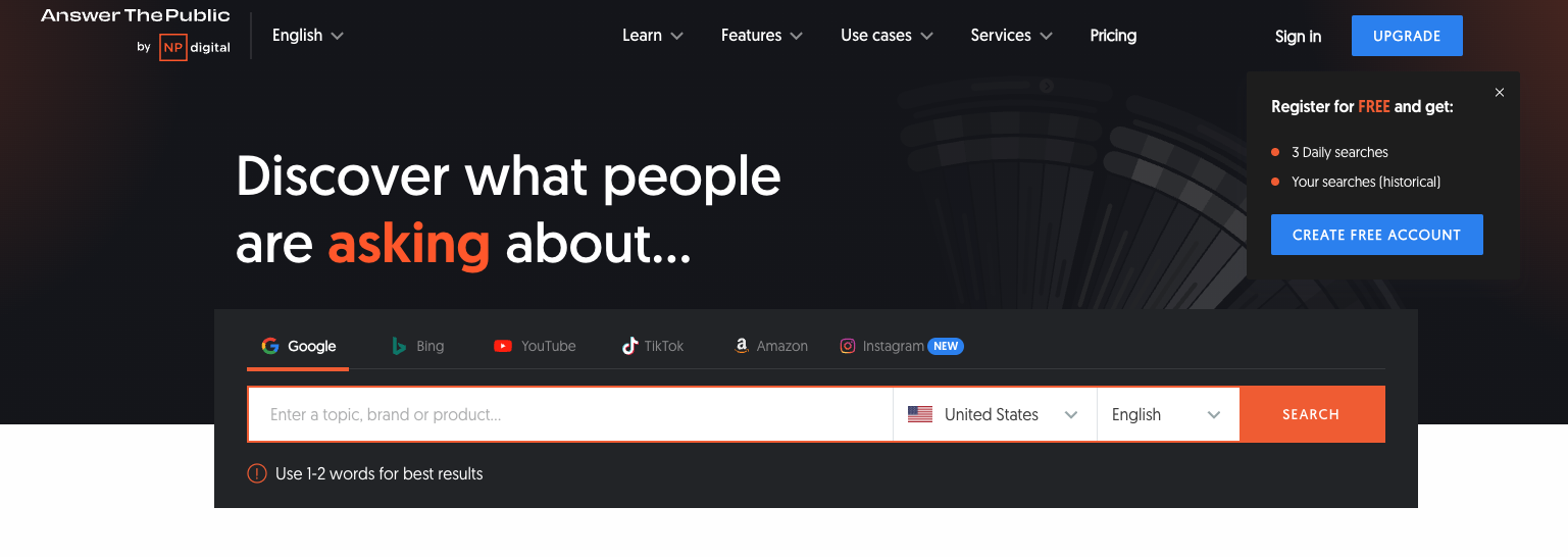 AnswerThePublic keyword search interface