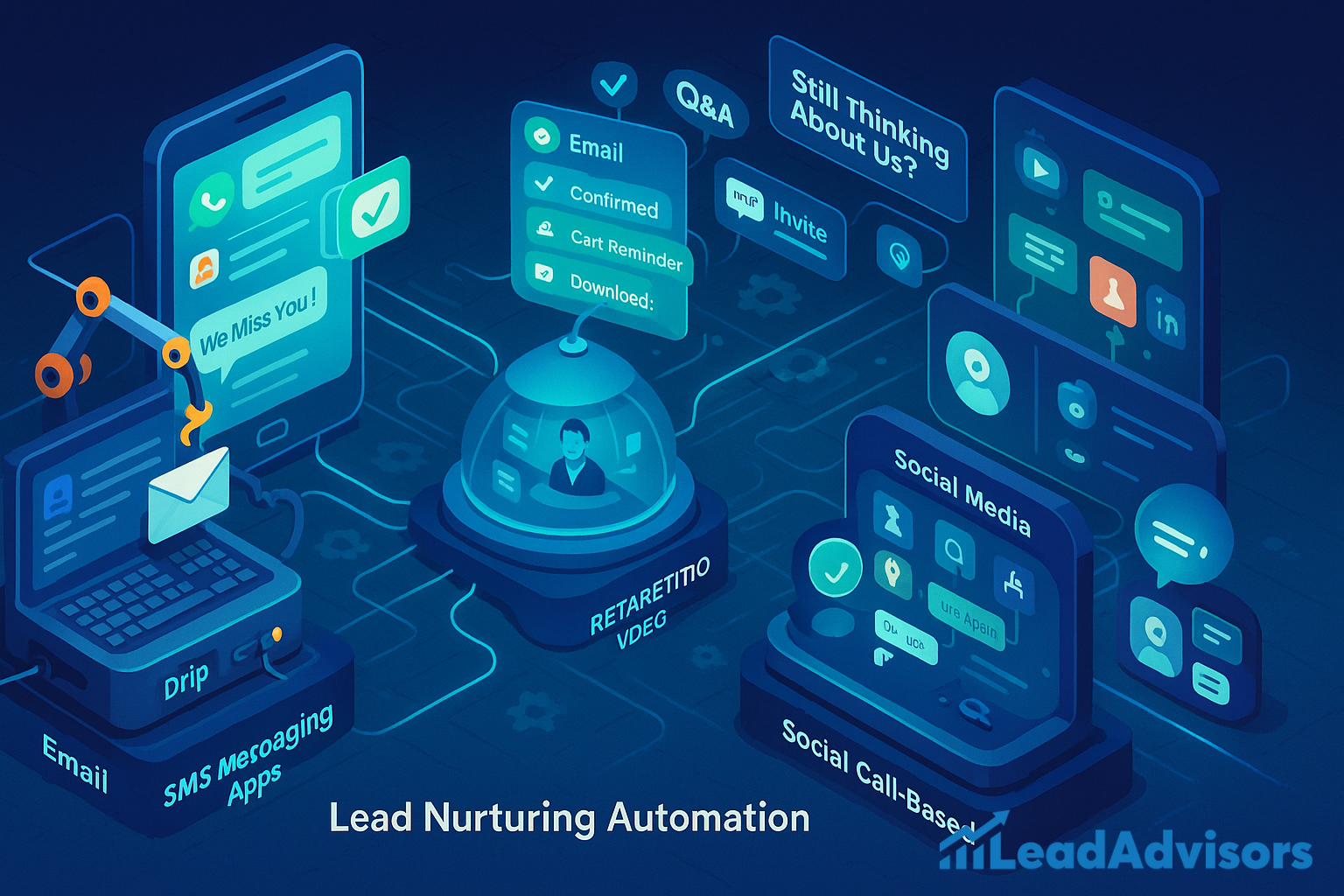 A futuristic digital illustration titled “Lead Nurturing Automation” from LeadAdvisors. The scene features various platforms—email, SMS, messaging apps, social media, and drip campaigns—working in harmony through automated systems. Visuals include robotic arms sending messages like “We Miss You!,” email confirmations, cart reminders, downloads, and social call-based interactions. A central hub coordinates all lead interactions under a transparent dome, symbolizing unified lead management.