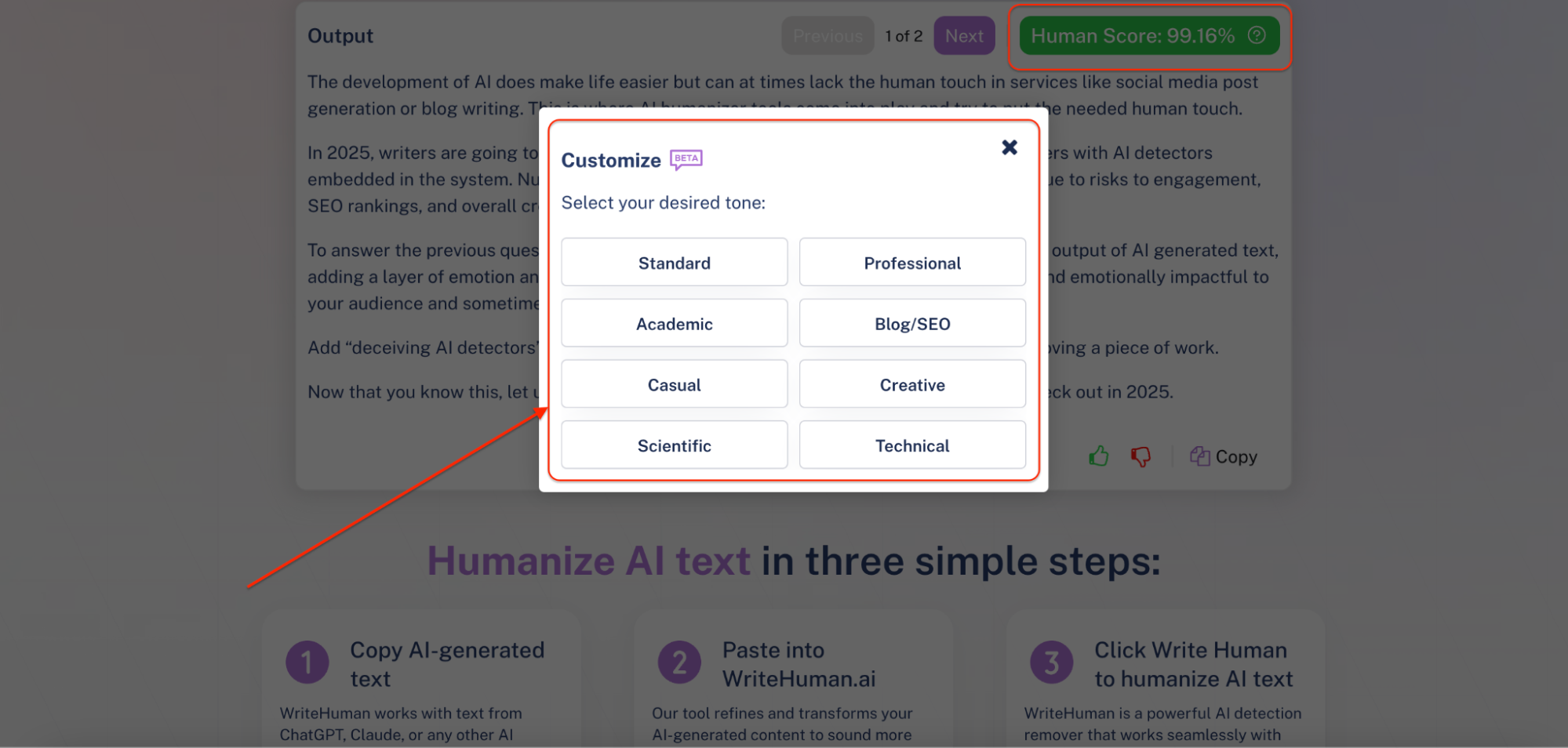 A screenshot from WriteHuman.ai displays a customization panel allowing users to select a tone for humanizing AI-generated text, including options like Standard, Professional, Academic, Blog/SEO, Casual, Creative, Scientific, and Technical. The output panel in the background shows refined content and a highlighted "Human Score: 99.16%" indicating successful humanization. The layout emphasizes ease of use and tone adaptability to suit different content needs.